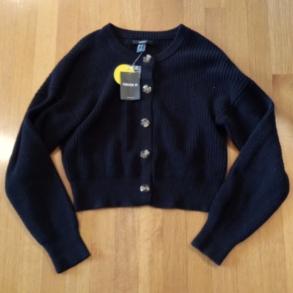 NWT Forever 21 Black Button Up Cropped Women's Sweater Large